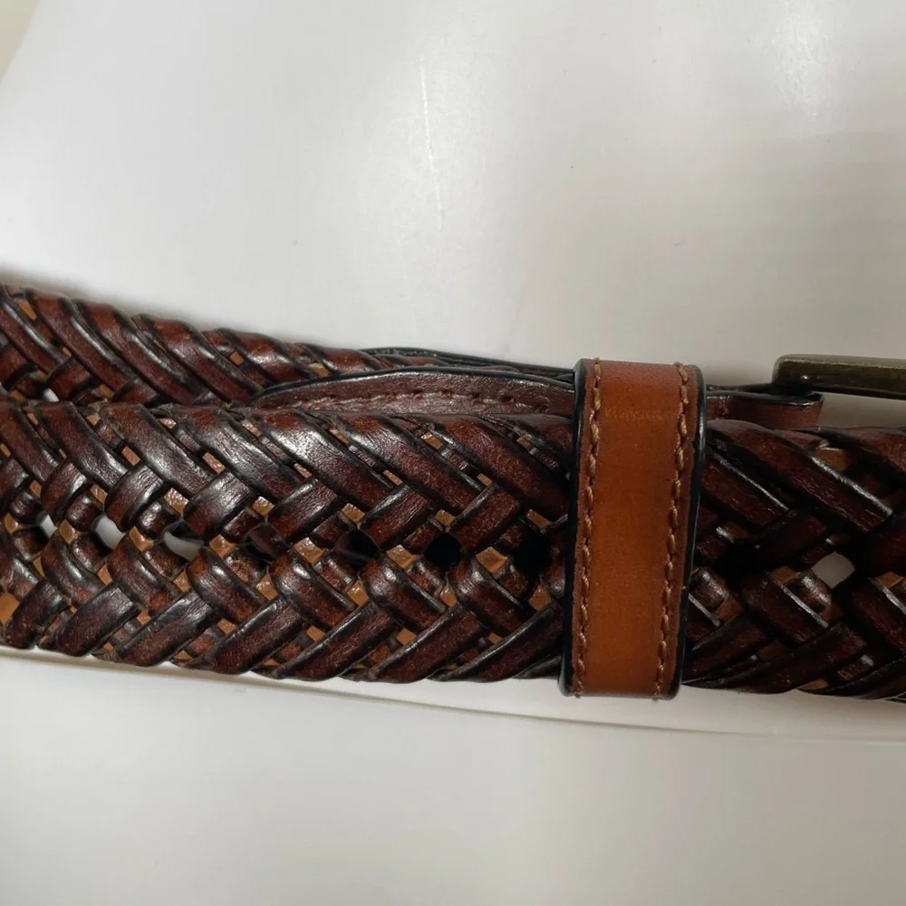 Vintage Braided Woven Brown Genuine Leather Belt Brass Square Buckle Mens Sz 38